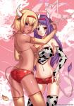 abstract_background armwear big_breasts blonde_hair blush breasts butt clothed clothing dark_body dark_skin duo elbow_gloves female gloves hair handwear horn legwear long_hair pale_skin purple_eyes purple_hair short_hair skimpy thigh_highs darkmaya animal_humanoid bovid bovid_humanoid bovine bovine_humanoid cattle_humanoid humanoid mammal mammal_humanoid 2009