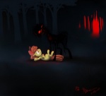 amber_eyes bodily_fluids creepy crying detailed_background duo female feral forest hair night nightmare_fuel outside plant quadruped red_eyes red_hair size_difference smile tail tears tree wood young young_feral unknown_artist friendship_is_magic hasbro my_little_pony story_of_the_blanks apple_bloom_(mlp) earth_pony equid equine horse mammal monster pony undead zombie