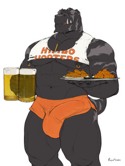5_fingers abs alcohol anthro balls_outline beer beverage big_bulge big_muscles big_pecs bottomwear bulge chicken_wings clothed clothing crop_top crossdressing detailed_bulge dolphin_shorts fingers food genital_outline hotpants huge_pecs licking licking_lips licking_own_lips looking_at_viewer male male_anthro muscular muscular_anthro muscular_male navel nipple_piercing nipple_ring nipples orange_bottomwear orange_clothing pecs penis_outline piercing ring_piercing self_lick sharp_teeth shirt shorts simple_background solo standing tank_top teeth text text_on_clothing text_on_shirt text_on_tank_top text_on_topwear thick_thighs tight_clothing tongue tongue_out topwear torn_clothing torn_topwear waiter white_background repzzmonster himbo_hooters cyrus_(repzzmonster) dinosaur prehistoric_species reptile saurischian scalie theropod tyrannosaurid tyrannosauroid tyrannosaurus tyrannosaurus_rex 2020 absurd_res digital_media_(artwork) english_text hi_res meme
