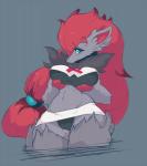 anthro blue_eyes blush bottomwear breasts canid canine clothed clothing exposure_variation female generation_5_pokemon grey_background hand_on_breast mammal miniskirt nintendo panties panty_shot pokemon pokemon_(species) simple_background skirt slugbox solo team_rocket underwear uniform upskirt wide_hips zoroark