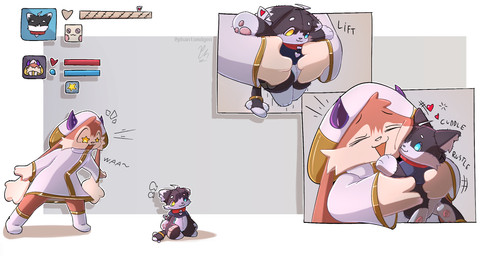 ambiguous_gender anthro biped black_body black_fur clothed clothing collar costume dialogue eyes_closed fur gameplay_mechanics glistening glistening_eyes gui happy health_bar heterochromia horn hug hugging_object hugging_plushie magic onomatopoeia plushie plushification rpg_dungeon simple_background smile solo sound_effects status_effect surprised tail text transformation transformation_sequence transformation_through_magic phantomdgen domestic_cat felid feline felis lagomorph leporid mammal rabbit colored comic digital_drawing_(artwork) digital_media_(artwork) english_text hi_res shaded