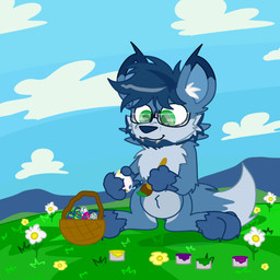 anthro basket blue_body blue_fur brush chelis container easter_egg eyewear feral flower fluffy fur glasses green_eyes holidays male meadow paintbrush painting_(action) plant solo spring nyale0102 easter canid canine canis mammal wolf 1:1 animated colorful_theme digital_media_(artwork) hi_res