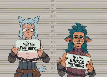 ambiguous_gender arm_warmers armwear belt belt_pouch blue_hair bodily_fluids bound chain chained chained_cuffs clothing duo eyebrows fangs female gesture hair hand_gesture holding_object light_body light_skin looking_at_viewer mugshot placard pointing pointy_ears restrained scared short_hair smile sweater sweater_vest tan_body tan_skin tears teeth text thick_eyebrows topwear vest pavanz gingko_(pavanz) muffin_(pavanz) animal_humanoid felid felid_humanoid human humanoid mammal mammal_humanoid hi_res