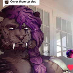 anthro black_body black_fur breasts exposed_breasts fur hair humor male mostly_nude nipples nude purple_hair scar solo speech_bubble teeth whiskers reed_home vincent_violen-bishep felid feline jaguar mammal pantherine meme