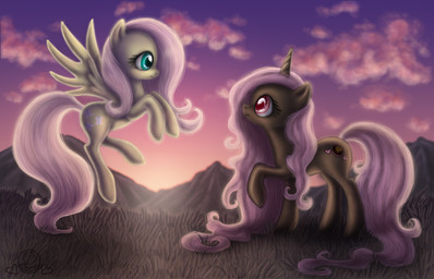 black_body cloud cutie_mark detailed_background duo feathered_wings feathers female feral flying green_eyes hair horn mountain outside pink_eyes pink_hair quadruped sky smile sunrise sunset tail toony wings yellow_body yellow_feathers naira-wolf-satyr friendship_is_magic hasbro my_little_pony mythology fluttershy_(mlp) equid equine mammal mythological_creature mythological_equine pegasus unicorn 14:9 detailed