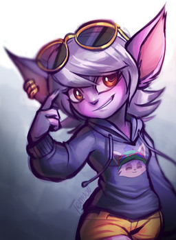 bangs bottomwear breasts brown_eyes clothing ear_piercing eyelashes eyewear female glasses grey_background hair hoodie humanoid_pointy_ears piercing pointy_ears purple_body purple_skin shorts simple_background small_breasts smile smirk solo text topwear white_hair te4moon_(artist) league_of_legends riot_games tencent teemo_(lol) tristana_(lol) humanoid yordle artist_name colored portrait signature