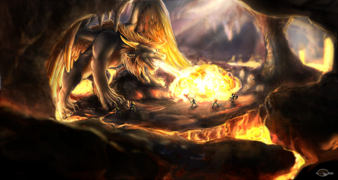 battle beard breath_powers brown_body brown_feathers brown_fur cave claws detailed_background ear_piercing elemental_manipulation extreme_size_difference facial_hair feathered_wings feathers feral fire fire_breathing fire_manipulation fluffy fur group horn lava macro male mane melee_weapon open_mouth paws piercing polearm rock round_shield shield size_difference spear stalactite toony weapon wings yellow_horn shalinka mythology sandalf dragon furred_dragon furred_scalie human mammal mythological_creature mythological_scalie northern_dragon scalie detailed