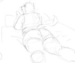 anthro belly big_belly big_butt butt clothing electronics looking_at_viewer male phone shirt solo thick_thighs topwear undershirt underwear whaleoil1 rooks_(character) felid feline mammal monochrome