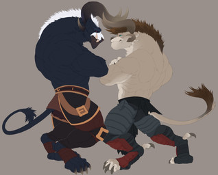 anthro back_muscles belt biceps bottomwear brown_mane claws clothed clothing countershading dark_body dark_fur duo fangs fur horn light_body light_fur looking_at_another male mane muscular muscular_male pink_eyes smile smirk standing tail tail_tuft teal_eyes teeth topless topless_male tuft tusks white_mane nahst_y guild_wars vorias_(nahst_y) charr felid mammal 2026 colored digital_drawing_(artwork) digital_media_(artwork) hi_res