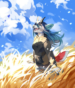 anthro black_horn blue_eyes blue_hair blue_sky bottomwear clothed clothing cloud eyelashes facial_spots female fur grass grey_body grey_bottomwear grey_clothing grey_fur grey_hoodie grey_pants grey_topwear hair happy hoodie horn long_hair looking_up markings open_mouth open_smile outside pants plant sky smile solo spots spotted_body spotted_face spotted_fur standing topwear unsigned white_body white_fur yellow_horn corzh77 species_request absurd_res colored_sketch hi_res sketch