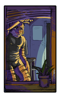 anthro biceps biped black_markings blinds border boxer_briefs bulge clothing desk furniture grumpy hair looking_at_viewer male markings muscular muscular_anthro muscular_male pecs plant raised_arm shirt solo standing stripes sunrise table tight_clothing topwear underwear white_border window yellow_eyes rayfkm felid mammal pantherine tiger