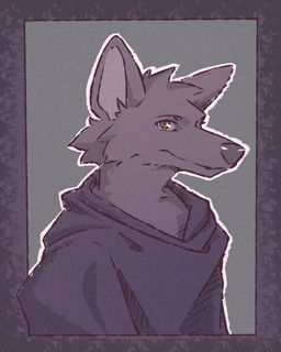ambiguous_gender anthro black_nose border brown_eyes cheek_tuft cloak clothed clothing cosplay ears_aside ears_up facial_tuft fur fuzzy grey_background grey_body grey_fur head_tuft looking_at_viewer outline poncho simple_background solo tuft kounalix canid canine canis mammal wolf 4:5 character_request portrait sketch