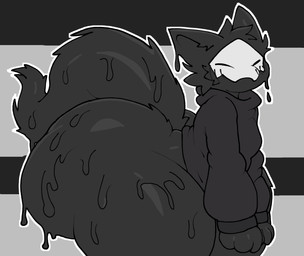 anthro big_butt blush bottom_heavy butt clothing dripping eyes_closed fluffy fluffy_tail glistening glistening_body glistening_butt glistening_tail handpaw happy huge_butt huge_thighs hyper hyper_butt hyper_thighs male mask paws simple_background slime solo sweater tail thick_thighs topwear .xil0. changed_(video_game) puro_(changed) dark_latex goo_creature hi_res monochrome