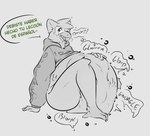 anthro avian_feet belly big_belly bottomless burping clothed clothing curvy_figure digestion digestion_noises femboy gurgle_(sound_effect) hoodie hoodie_only male mascot navel onomatopoeia rumbling_stomach same_size_vore sitting solo sound_effects text topwear topwear_only voluptuous vore gurglegluts duolingo duo_(duolingo) avian bird owl spanish_text