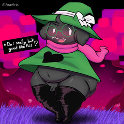 anthro balls belly big_butt black_body black_fur blush blush_lines bottom_heavy butt clothed clothed_anthro clothed_male clothing dialogue eyewear femboy front_view fur genitals glasses grass green_clothing green_hat green_headwear green_robe half-closed_eyes hat hat_ribbon headgear headwear heart_symbol legwear male male_anthro micropenis narrowed_eyes navel outside partially_clothed penis pink_scarf plant question question_mark robe scarf shortstack shortstack_male small_balls small_penis smile solo standing teeth text thick_thighs thigh_highs tongue tree white_eyes white_ribbon wide_hips axoarts deltarune undertale_(series) ralsei bovid caprine darkner goat mammal 1:1 2023 digital_media_(artwork) english_text