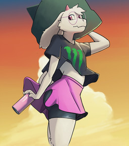 anthro beverage bottomwear butt clothing energy_drink femboy hat headgear headwear low-angle_view male side_butt skirt solo spats sunset witch_hat dar-kuu deltarune monster_energy undertale_(series) ralsei bovid caprine goat mammal absurd_res hi_res