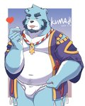 anthro asian_clothing belly blue_body blue_fur bulge clothing east_asian_clothing fundoshi fur heart_symbol humanoid_hands japanese_clothing kemono male moobs navel overweight overweight_anthro overweight_male solo tongue tongue_out underwear white_body white_fur build64813614 bonasiah full_attack sophring_jie bear mammal 2020