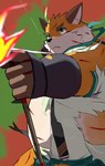 ahoge anthro archer belly blood bodily_fluids bow_(weapon) clothing flaming_arrow fur green_eyes hair male orange_body orange_fur overweight overweight_male ranged_weapon solo torn_clothing weapon wounded 9dtq0 tamacolle iyo_(tamacolle) canid canine fox mammal absurd_res hi_res