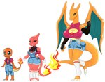 anthro big_breasts blue_eyes bottomwear breasts charizard charmander charmeleon clothing female fire generation_1_pokemon group hi_res huge_breasts nintendo orange_body overalls pokemon pokemon_(species) red_body shirt shorts simple_background tail topwear trio urusee584 white_background wings