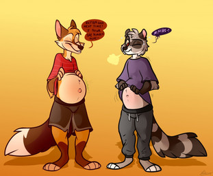 anthro belly big_belly both_pregnant bottomwear clothed clothing clothing_lift comparing dialogue duo male male/male multiple_pregnancies pants pregnant pregnant_anthro pregnant_male shirt shirt_lift shorts speech_bubble standing text topwear starthewerewolf canid canine fox mammal procyonid raccoon english_text