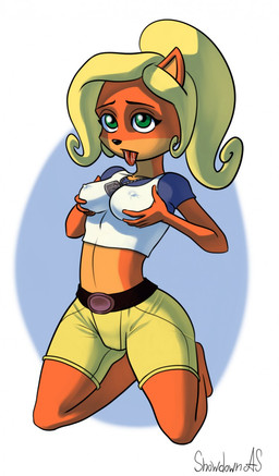 anthro belt black_nose blonde_hair blue_background blue_clothing blue_topwear bottomwear breasts camel_toe clothed clothing eyelashes female fur green_eyes hair hand_on_breast holding_breast kneeling looking_at_viewer medium_breasts nipple_outline orange_body orange_fur ponytail shorts simple_background solo thick_thighs tongue tongue_out topwear white_background white_clothing white_topwear wide_hips yellow_bottomwear yellow_clothing yellow_shorts jagonda activision crash:_mind_over_mutant crash_bandicoot_(series) coco_bandicoot bandicoot mammal marsupial hi_res