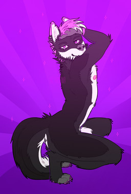 abstract_background anthro black_body black_fur crouching ear_piercing ear_ring eyebrow_piercing eyelashes facial_piercing fur grey_nose hair male male_anthro mouth_closed multiple_piercings nipples nude piercing pink_hair pink_nipples purple_eyes ring_piercing side_view solo text white_body white_fur white_hair 0ct0m0n0 canid canine mammal absurd_res artist_name hi_res