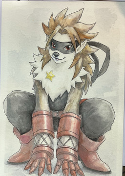 anthro bottomwear clothing crouching cybernetics female fur grey_body grey_fur machine mask pants red_eyes smile solo mythrava bandai_namco digimon digimon_beatbreak cyborg digimon_(species) wolvermon hi_res traditional_media_(artwork)