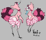 anthro bird_legs blue_tongue chest_tuft collar curled_tail digitigrade eyelashes featureless_crotch female female_symbol fluffy fluffy_tail fur gender_symbol grey_background half-closed_eyes head_tuft heart_symbol horn long_tongue magenta_body magenta_fur markings narrowed_eyes paws pink_body pink_collar pink_eyes pink_fur pronouns simple_background solo standing striped_body striped_horn striped_legs striped_markings striped_tail striped_thighs stripes symbol tail tail_markings tapering_tongue thick_thighs tongue tuft white_body white_fur btascandalist avian bird bovid canid canine caprine chimera fox goat hybrid mammal absurd_res hi_res model_sheet