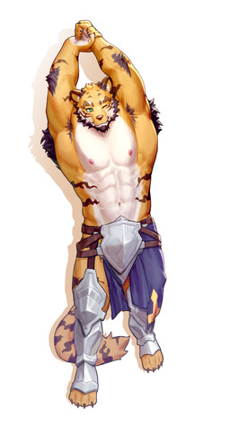abs anthro areola arm_tuft armor barazoku biped brown_body brown_fur claws clothed clothing elbow_tuft feet front_view fur green_eyes looking_at_viewer male markings muscular muscular_anthro muscular_male navel nipples one_eye_closed orange_body orange_fur pecs plate_armor pose raised_arms simple_background smile solo standing stretching_arms striped_markings stripes toe_claws toes topless topless_anthro topless_male tuft white_background white_body white_fur goo_loong arcane_shop elred_(arcane_shop) felid mammal pantherine tiger absurd_res colored full-length_portrait hi_res portrait shaded