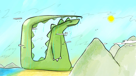 ambiguous_gender biped cloud day green_body mountain mouth_closed outside sky solo standing sun tail water wet sawlamander kaiju scalie 16:9 2025 hi_res widescreen