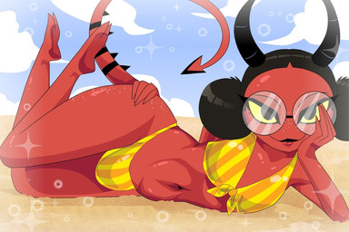 2_toes bikini bulge clothing eyebrows eyelashes eyewear feet fingers flat_chested freckled_face freckled_hips freckled_legs freckled_thighs freckles glasses gynomorph intersex long_eyelashes looking_at_viewer navel not_furry red_body red_skin round_glasses solo swimwear tail toes two-piece_swimsuit yellow_bikini yellow_clothing yellow_sclera yellow_swimwear carliabot hellaverse helluva_boss fan_character humanoid imp 2024 3:2 trans_(lore)