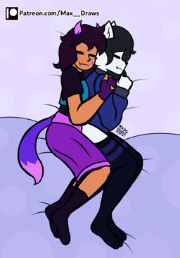 anthro bed bottomwear clothed clothing cuddling duo eyes_closed fangs female footwear furniture gloves handwear legwear lying lying_on_bed on_bed side_view skirt socks stockings sweater teeth topwear max_draws patreon snow_(snowb34r) domestic_cat felid feline felis mammal absurd_res hi_res