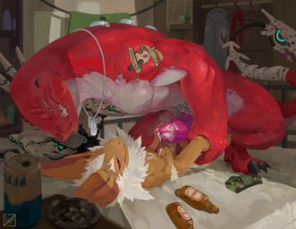 anthro balls bat_ears bodily_fluids bottle bottomwear chest_tuft cigarette clothing container cum cum_on_belly cum_on_body cum_on_chest cum_on_penis cybernetic_arm cybernetic_limb cybernetic_tail dog_tags duo ejaculation fangs fur genital_fluids genitals jewelry male male/male muscular necklace nude pants penis red_eyes tattoo teeth tuft neungsonie battery_(neungsonie) ecko_(neungsonie) bat desert_long-eared_bat lizard mammal reptile scalie wingless_bat