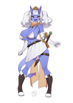 big_breasts bikini bikini_top blue_body blue_skin breasts cleavage clothed clothing eyeshadow female hair horn long_hair makeup melee_weapon navel not_furry open_mouth pigtails smile swimwear sword tail thick_thighs two-piece_swimsuit under_boob weapon white_hair wide_hips yellow_eyes squidron asian_mythology east_asian_mythology japanese_mythology mythology demon humanoid oni yokai absurd_res hi_res