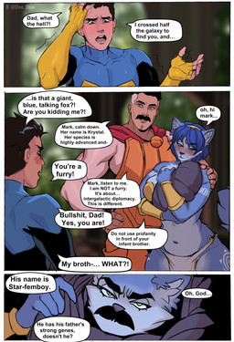 anthro black_hair blue_body blue_eyes blue_fur blue_hair blush blush_lines breasts clothed clothing dialogue facial_hair female fur green_eyes group hair human_on_anthro humanoid_on_anthro humor interspecies male muscular muscular_human muscular_male mustache navel neonate pelvic_curtain profanity speech_bubble superhero tan_body tan_skin text trio what wide_hips young deodrac miloff image_comics invincible_(image_comics) nintendo star_fox krystal_(star_fox) mark_grayson nolan_grayson canid canine fox human humanoid hybrid mammal viltrumite absurd_res comic english_text hi_res brother_(lore) brothers_(lore) father_(lore) father_and_child_(lore) father_and_son_(lore) mother_(lore) mother_and_child_(lore) mother_and_son_(lore) parent_(lore) parent_and_child_(lore) parent_and_son_(lore) sibling_(lore) son_(lore)