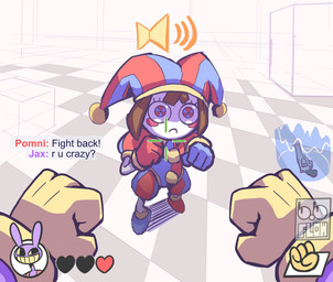 anthro biped blue_eyes brown_hair clothing crosshair detailed_background duo eye_contact fake_screencap female fight first_person_view fist fool's_hat frown gameplay_mechanics gloves gui gun hair handgun handwear hat headgear headwear health_bar heart_symbol heterochromia inside logo looking_at_another looking_at_viewer male ranged_weapon red_eyes revolver style_emulation text voice_chatting weapon bobflow1997 counter-strike glitch_productions the_amazing_digital_circus jax_(tadc) pomni_(tadc) human lagomorph leporid mammal rabbit 2025 artist_logo crossover digital_drawing_(artwork) digital_media_(artwork) english_text hi_res watermark