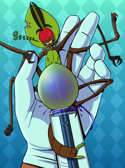 antennae_(anatomy) anthro arthropod_abdomen belly belly_inflation big_belly brown_body clothing extreme_size_difference female gloves green_body handwear humanoid_hands inflation leaf_(anatomy) liquid_inflation multi_arm multi_limb multicolored_body nipples not_furry nude red_eyes simple_background size_difference solo syringe tail teeth text two_tone_body water_inflation shugariosa arthropod insect phasmid stick_insect absurd_res hi_res
