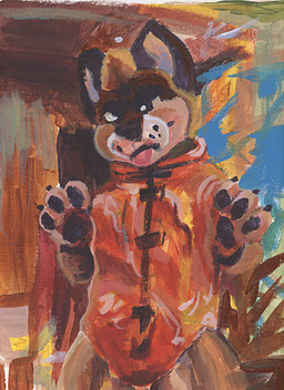 4_fingers 5_fingers abstract_background against_surface ambiguous_gender anthro asian_clothing biped black_claws black_eyes black_nose black_pawpads blep blue_eyes bottomless brown_body brown_fur claws clothed clothing costume detailed_background fingers front_view fur fursuit hair hoodie inside looking_at_viewer male multicolored_body multicolored_fur open_mouth orange_clothing orange_topwear pawpads paws plant red_clothing shirt simple_background smile solo standing sweater tail tan_body tan_fur tongue tongue_out topwear white_body white_fur window zaverose maverick_(betaetadelota) canid canine canis domestic_dog hyena mammal painting_(disambiguation) absurd_res digital_media_(artwork) half-length_portrait hi_res painting_(artwork) portrait three-quarter_portrait traditional_media_(artwork)
