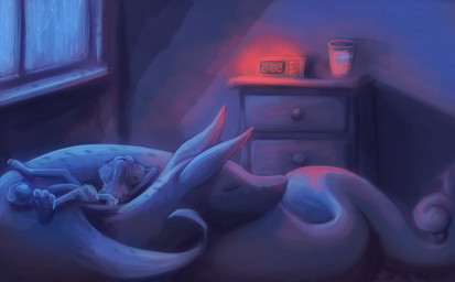ambiguous_gender clock digital_clock drawer duo electronics feral fur inside night paws sleeping gauntletspirit nintendo pokemon generation_1_pokemon generation_5_pokemon meowth pokemon_(species) serperior 2013 blue_theme digital_media_(artwork) digital_painting_(artwork) painting_(artwork)