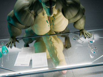 anthro ball_squish balls balls_expansion big_balls big_muscles big_penis bodily_fluids body_size_growth dark_room dripping drooling erection erlenmeyer_flask expansion foreskin forked_tongue genital_expansion genital_fluids genitals glass_table green_body green_scales grin growth half-closed_eyes hands_on_table high-angle_view huge_balls huge_muscles huge_penis humanoid_genitalia humanoid_penis hyper hyper_balls hyper_genitalia hyper_muscles hyper_penis inside laboratory laboratory_equipment laboratory_glassware leaking_precum looking_pleasured male muscle_growth muscular muscular_male narrowed_eyes nude over_table paper penis penis_expansion precum precum_drip precum_on_ground precum_puddle precum_string saliva scales scientific_instrument size_transformation smile solo spread_legs spreading squish standing tongue transformation vein veiny_penis yellow_balls yellow_body yellow_penis yellow_scales snekkuu kahliss reptile scalie snake 2026 3d_(artwork) 4:3 digital_media_(artwork)