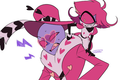 1_eye clothing duo eyewear female glasses heart_glasses maid_uniform male sharp_teeth simple_background teeth uniform white_background enaic31 hazbin_hotel hellaverse niffty_(hazbin_hotel) valentino_(hazbin_hotel) animal_humanoid arthropod arthropod_humanoid cyclops demon demon_humanoid humanoid insect insect_humanoid lepidopteran lepidopteran_humanoid moth_humanoid hi_res