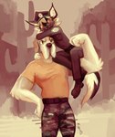 anthro belt biceps black_nose buckteeth cactus canid canine canis cheek_tuft clothing digital_media_(artwork) domestic_dog duo facial_tuft female flexing floppy_ears fur german_shepherd great_dane grimart head_tuft herding_dog hi_res holding_another inner_ear_fluff khaki_pants looking_at_viewer male mammal mastiff molosser moxy_(grimart) muscular muscular_anthro muscular_male neck_hug pastoral_dog plant police police_badge police_hat police_uniform pose red_eyes sepia_background shirt signature size_difference smile standing t-shirt tagme teeth topwear tuft uniform white_body white_fur white_inner_ear_fluff yellow_clothing yellow_shirt yellow_t-shirt yellow_topwear