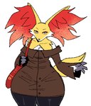 clothing dress dress_shirt eye_bags eyeshadow female front_view fur handbag inner_ear_fluff looking_at_viewer makeup red_body red_eyes red_fur shirt simple_background solo thick_thighs topwear tuft white_background white_body white_fur wide_hips yellow_body yellow_fur randidesu nintendo pokemon delphox generation_6_pokemon pokemon_(species) 2024 portrait three-quarter_portrait