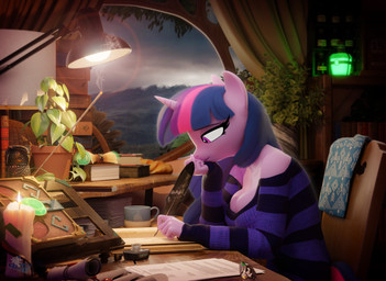 anthro anthrofied big_breasts book book_stack breasts candle chair cleavage clothed clothing coffee_mug container cup desk detailed_background female female_anthro furniture furniture_lamp gem hair hand_on_chin holding_object holding_quill horn lamp lit_candle loose_feather mug multicolored_hair on_chair pattern_clothing pattern_sweater pattern_topwear plant plant_pot potted_plant purple_body purple_eyes purple_skin quill relaxing scroll sitting sitting_on_chair solo striped_clothing striped_sweater striped_topwear stripes sweater table topwear writing_text hooves-art friendship_is_magic hasbro lofi_girl my_little_pony mythology twilight_sparkle_(mlp) equid equine mammal mythological_creature mythological_equine unicorn 3d_(artwork) absurd_res blender_(artwork) digital_media_(artwork) hi_res