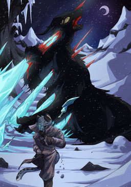 anthro blood bodily_fluids claws corpse feral glaive gore ice impalement male melee_weapon mountain polearm snow snowing solo walking_towards_viewer weapon chalk_outline felid mammal monster pantherine snow_leopard absurd_res hi_res
