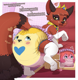 3_toes after_transformation ambiguous_gender blush blush_lines blush_stickers brown_body brown_ears brown_eyelids brown_fur brown_nose brown_spots brown_tail brown_tail_tip carpet chair claws clean_diaper clothed clothing collar conjoined crown cutaway dialogue diaper diaper_puff diaper_transformation dipstick_tail dress emanata expression_cutaway eyelashes feet feral footwear frilly frilly_clothing frilly_dress frustrated frustration_cloud fur furniture grey_nose group half-closed_eyes headgear heart_(marking) heart_symbol legwear looking_at_another looking_back looking_back_at_another markings mouthless multicolored_body multicolored_fur narrowed_eyes open_mouth pawpads pink_background pink_clothing pink_dress raised_leg red_body red_fur red_inner_ear red_tail ring_(marking) ringed_tail simple_background smile socks spots spotted_body spotted_fur spotted_markings spotted_tail striped_markings striped_tail stripes sweatdrop_(iconography) tail tail_markings talking_to_another teeth text thigh_highs thigh_socks throne toe_claws toes trio two_tone_tail vowelless vowelless_vocalization wavy_mouth wavy_smile wearing_another_person wearing_diaper whisker_spots white_body white_clothing white_footwear white_fur white_legwear white_markings white_socks white_thigh_highs white_thigh_socks worried yellow_collar bunnykisses nintendo pokemon brush_(bunnykisses) crissy_(crissypoodle) lily_(bunnykisses) animate_inanimate diaper_creature generation_8_pokemon nickit pokemon_(species) 2026 english_text hi_res