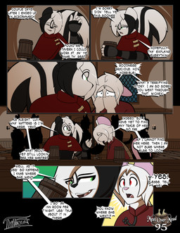 anthro arm_warmers armwear asian_clothing black_hair bodily_fluids braided_hair braided_ponytail candle candlelight chinese_clothing clothing dialogue duo east_asian_clothing fur green_eyes hair light male male/male ponytail red_eyes scarf silhouette surprised tankard tavern tears text white_body white_fur white_hair thibbycat mammal mephitid mouse murid murine rodent skunk comic english_text hi_res