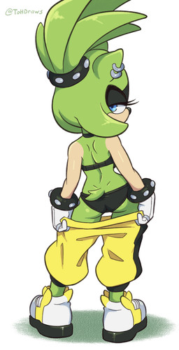 anthro biped black_bra black_clothing black_panties black_underwear blue_eyes bottomwear bottomwear_down bra bracelet breasts butt clothed clothing digit_ring ear_piercing ear_ring eyelashes female finger_ring footwear fur gloves green_body handwear jewelry looking_at_viewer looking_back panties pants pants_down partially_clothed piercing pupils ring_piercing shoes short_tail simple_background solo studded_bracelet studded_hair_tie studded_jewelry studs tail text twitter_handle underwear white_background white_clothing white_gloves white_handwear yellow_bottomwear yellow_clothing yellow_pants the_other_half idw_publishing sega sonic_the_hedgehog_(comics) sonic_the_hedgehog_(idw) sonic_the_hedgehog_(series) surge_the_tenrec afrosoricid mammal tenrec 2026 artist_name hi_res