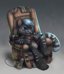 4_fingers anthro arm_on_leg arm_on_thigh armchair arms_bent bent_leg big_head biped black_body black_fur blue_body blue_eyes blue_fur blue_hair book casual_nudity chair controller cord electronics extended_leg famicom_cartridge famicom_console famicom_controller feet fingers fur furniture game_cartridge game_console game_controller game_magazine game_media gaming glistening glistening_eyes grey_body grey_fur hair hands_together hands_together_elbows_apart headphones holding_controller holding_game_controller holding_object leg_over_edge magazine male nintendo_console nintendo_controller nude on_armchair over_edge pink_nose planted_leg playing_video_game reclining retro retro_console retro_controller short_hair sitting solo storage_media stripes tail tail_over_edge whiskers wired_controller silverfox5213 famicom nintendo nintendo_entertainment_system retro_gamer_(copyright) felid mammal pantherine