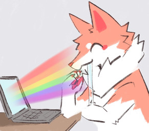 ambiguous_gender anthro bodily_fluids circle_eyebrows claws closed_smile computer desk drooling electronics eyebrows finger_claws fur furniture head_tuft laptop mouth_closed multicolored_body multicolored_fur neck_tuft one_eye_closed pawpads paws rainbow saliva smile solo table tuft white_body white_eyebrows white_fur wood wood_desk wood_furniture wolf_frost canid canine canis mammal wolf 2023 hi_res icon meme reaction_image